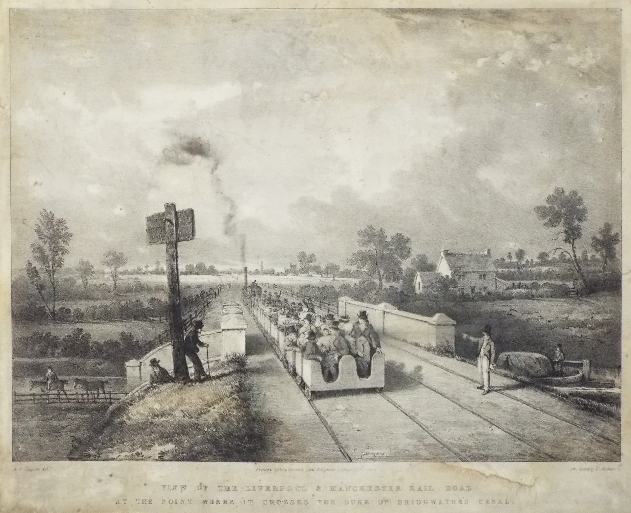 Lithograph - View of the Liverpool & Manchester Rail Road at the Point where it crosses the Duke of Bridgwater's Canal